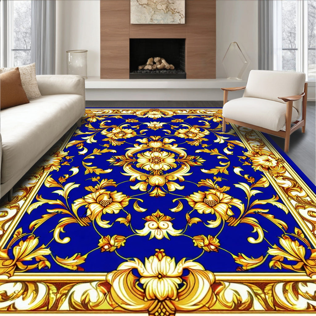 Ornate Floral Border With Royal Blue Rug