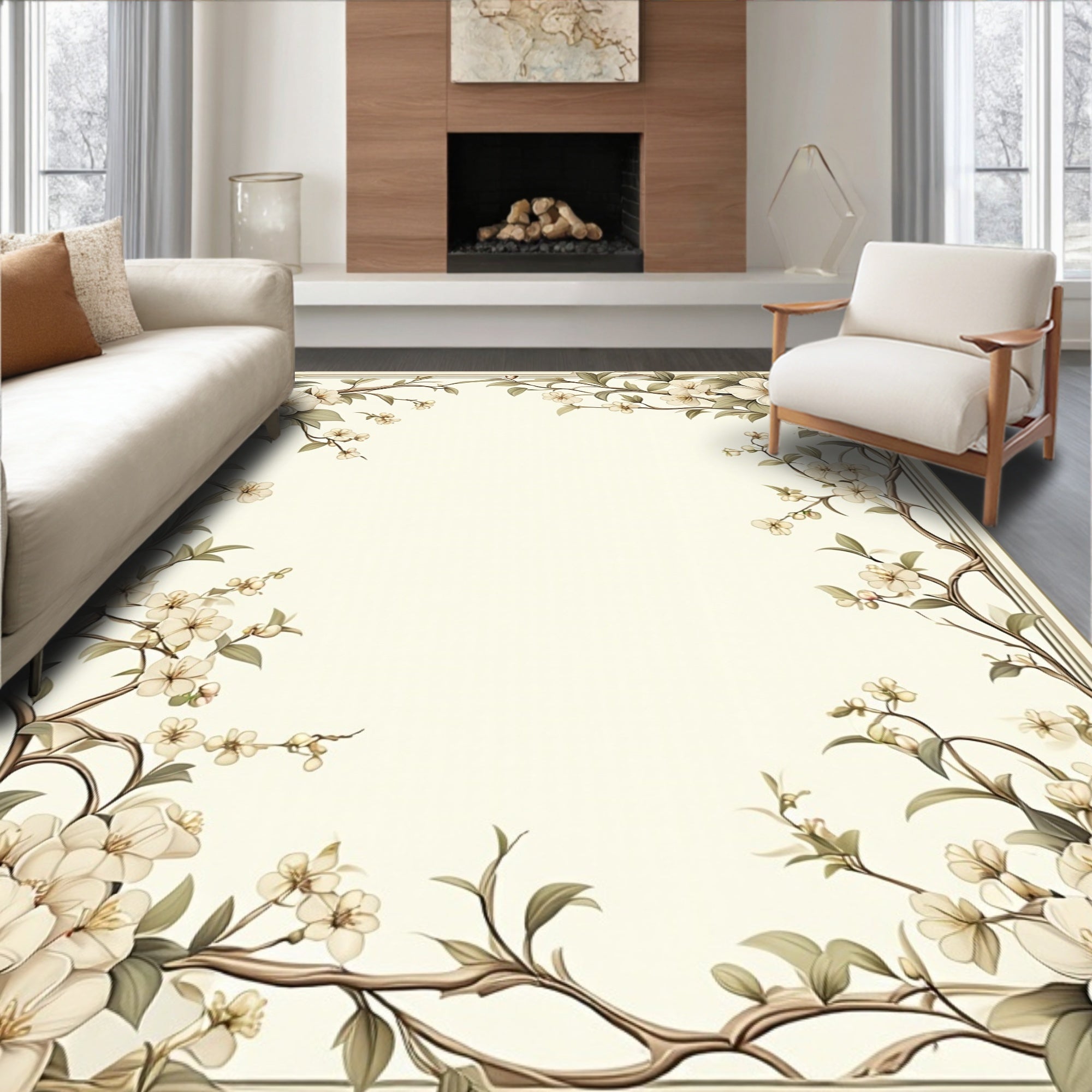 Floral Vine Scroll Patterned Area Rug
