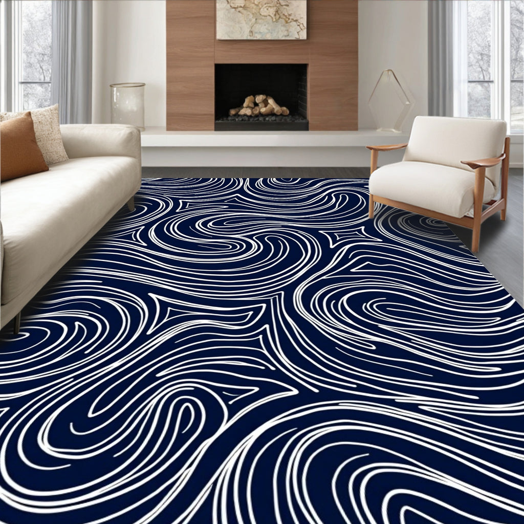 Navy White Abstract Swirl Flow Rug