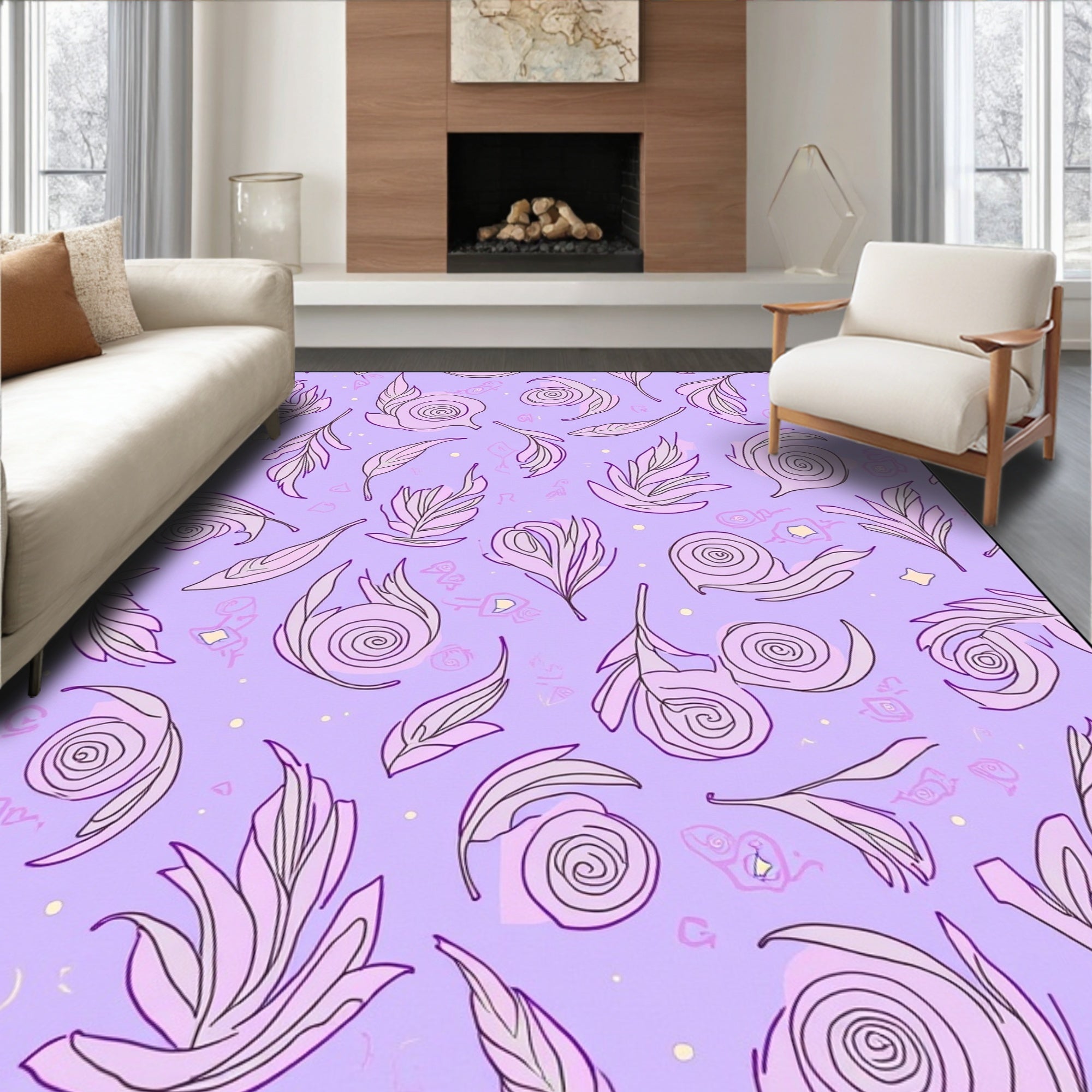 Whimsical Pastel Leaf and Swirl Pattern Rug