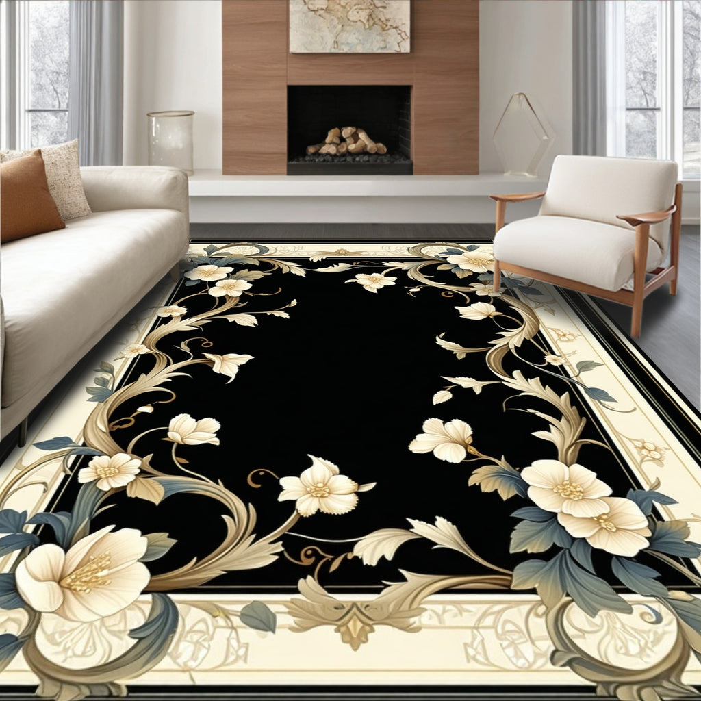 Ornate Floral Scrollwork Black Frame Rug