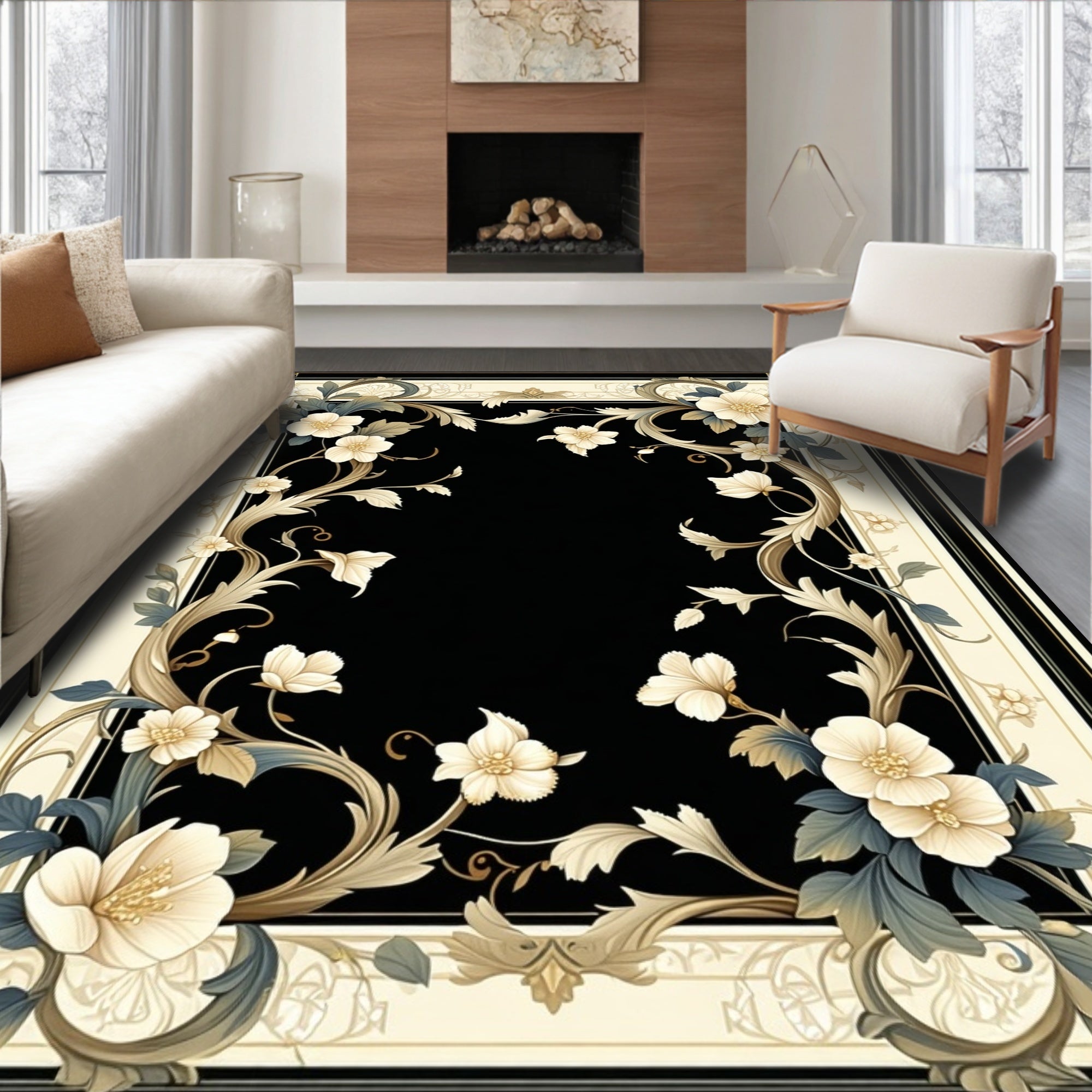 Ornate Floral Scrollwork Black Frame Rug