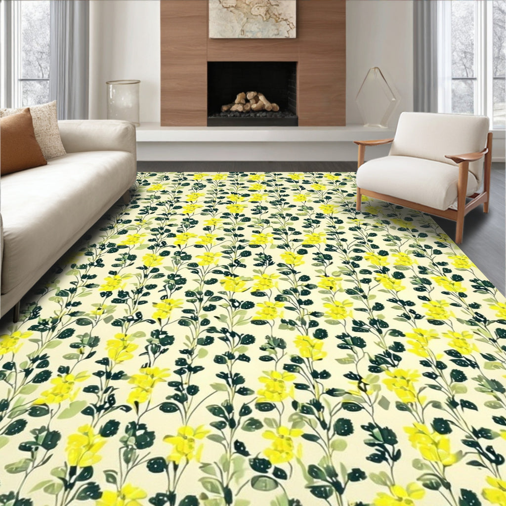 Yellow Floral Vine Patterned Rug