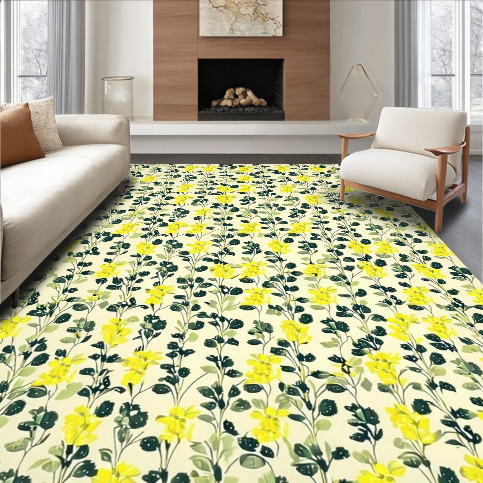 Yellow Floral Vine Patterned Rug