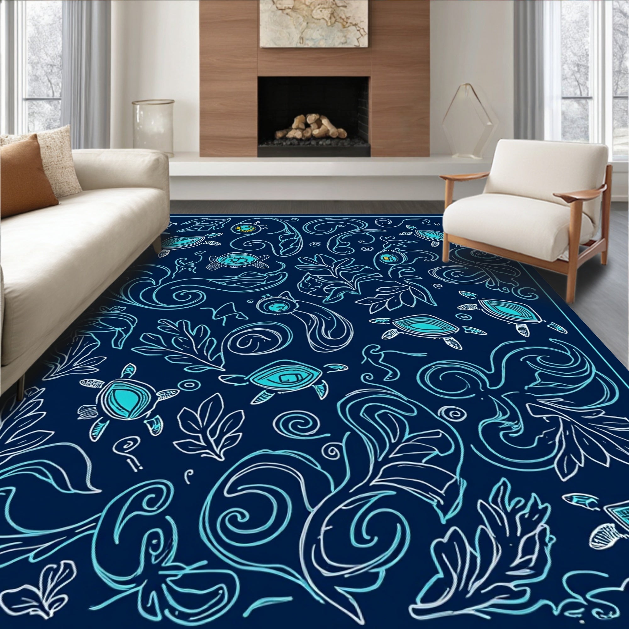 Oceanic Turtle And Botanical Art Nouveau Rug