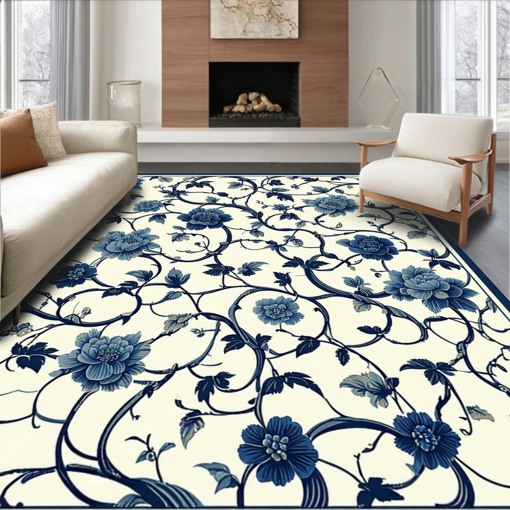 Classic Blue Floral Vine Pattern Rug