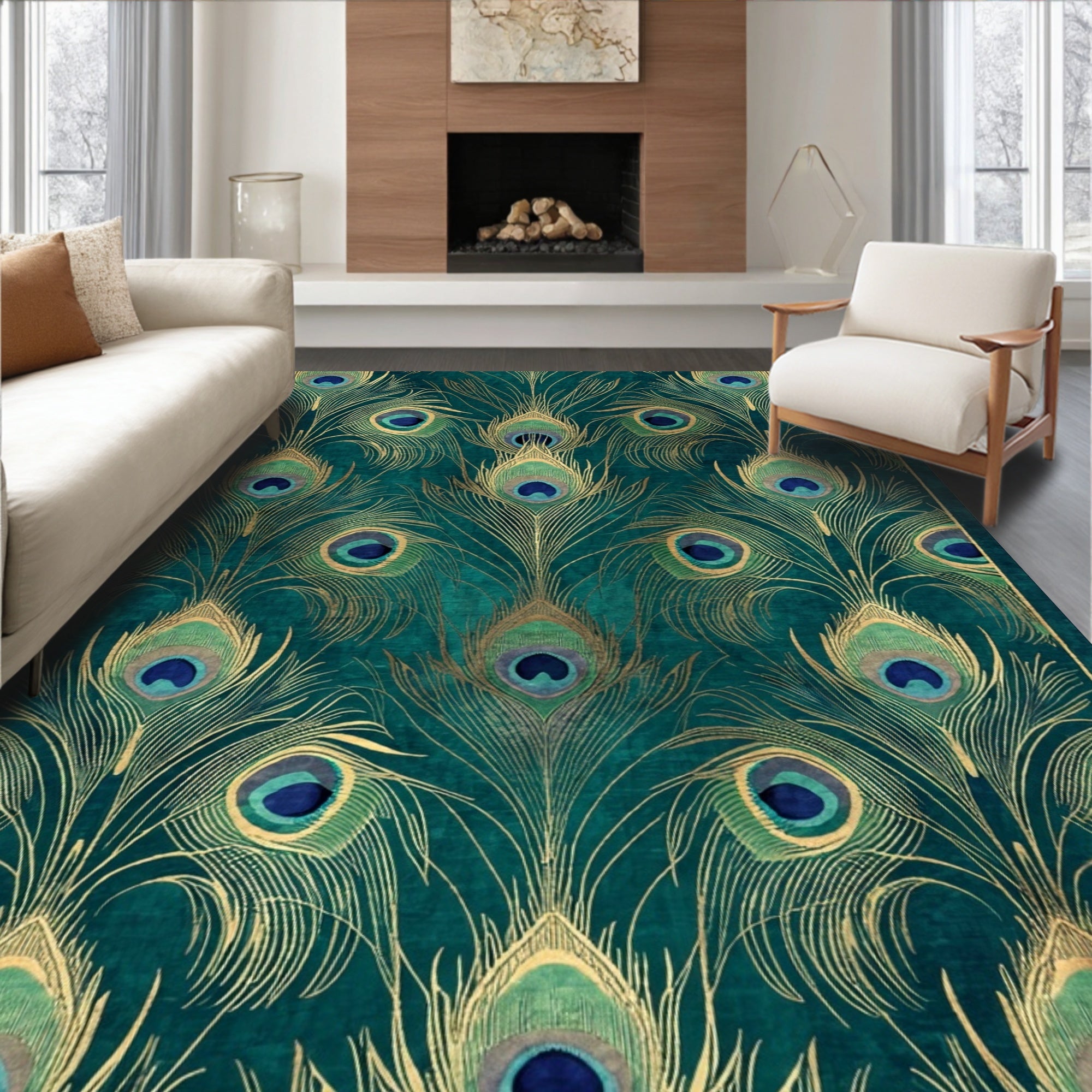 Emerald Peacock Feather Art Nouveau Rug