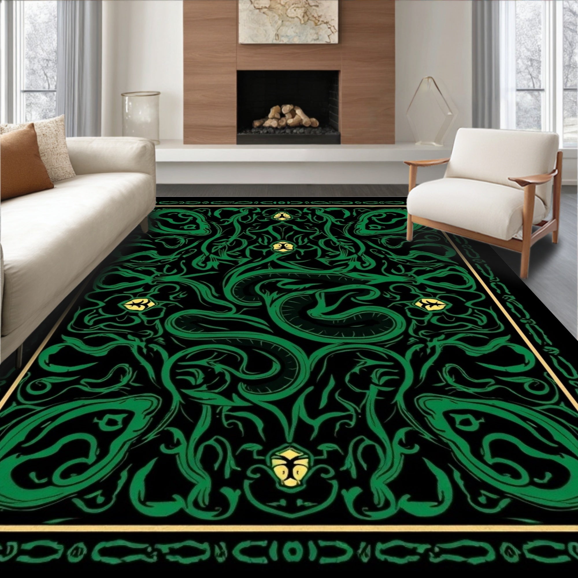 Mystical Green Serpent Floral Pattern Rug