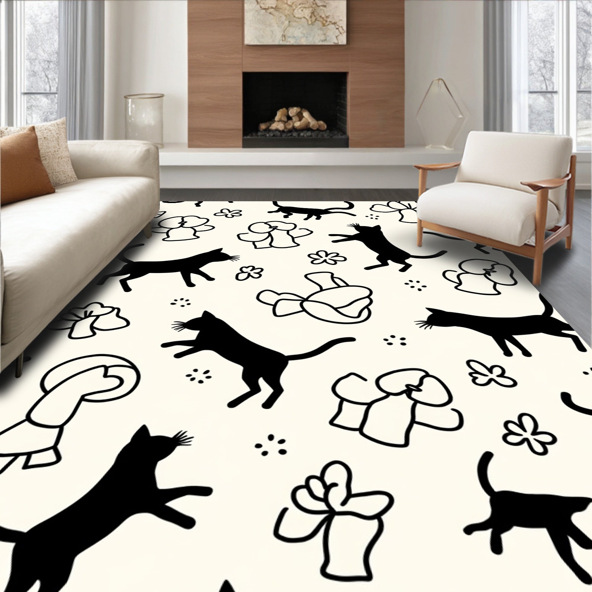 Playful Black Cats Abstract Flowers Rug