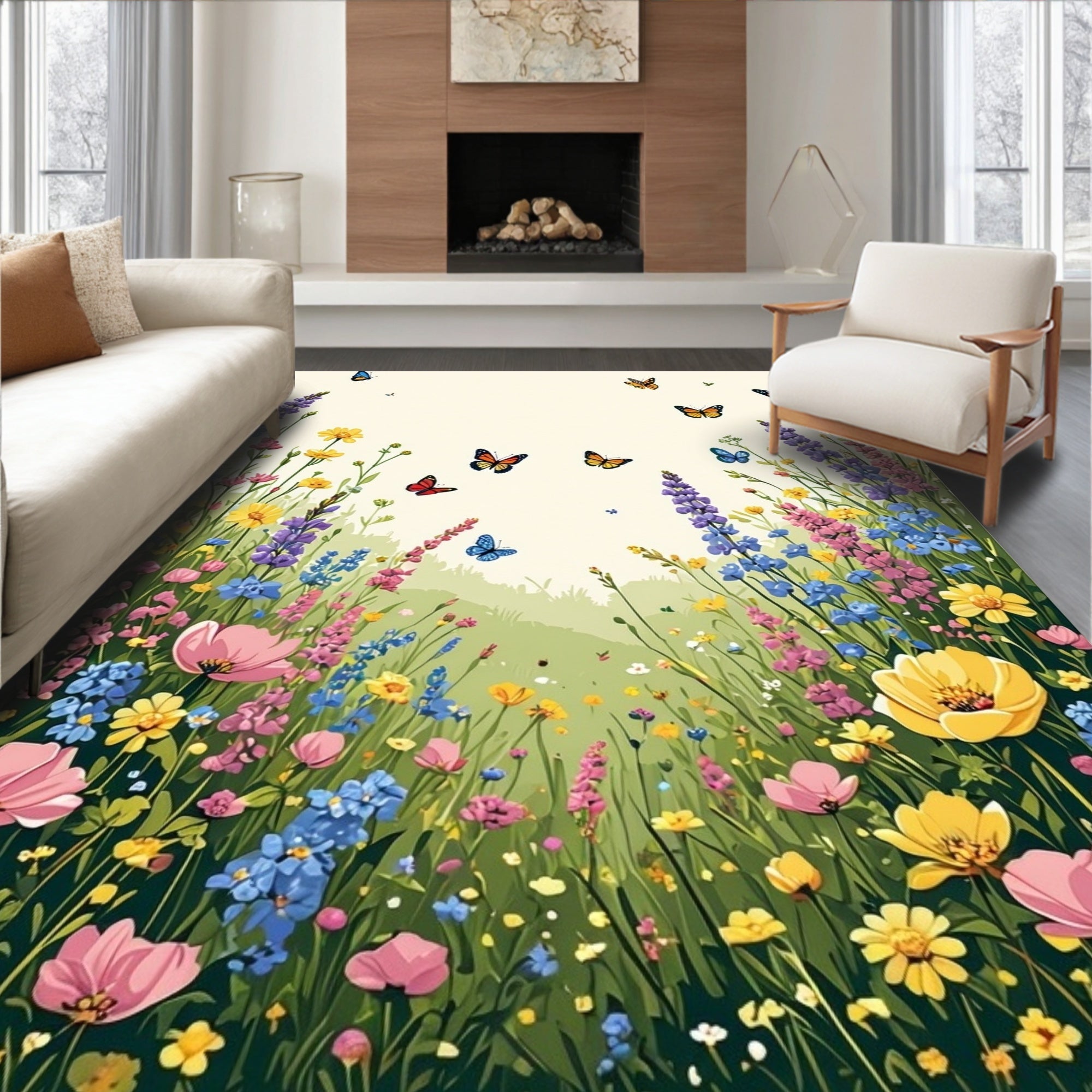 Vibrant Wildflower Meadow Butterfly Garden Rug