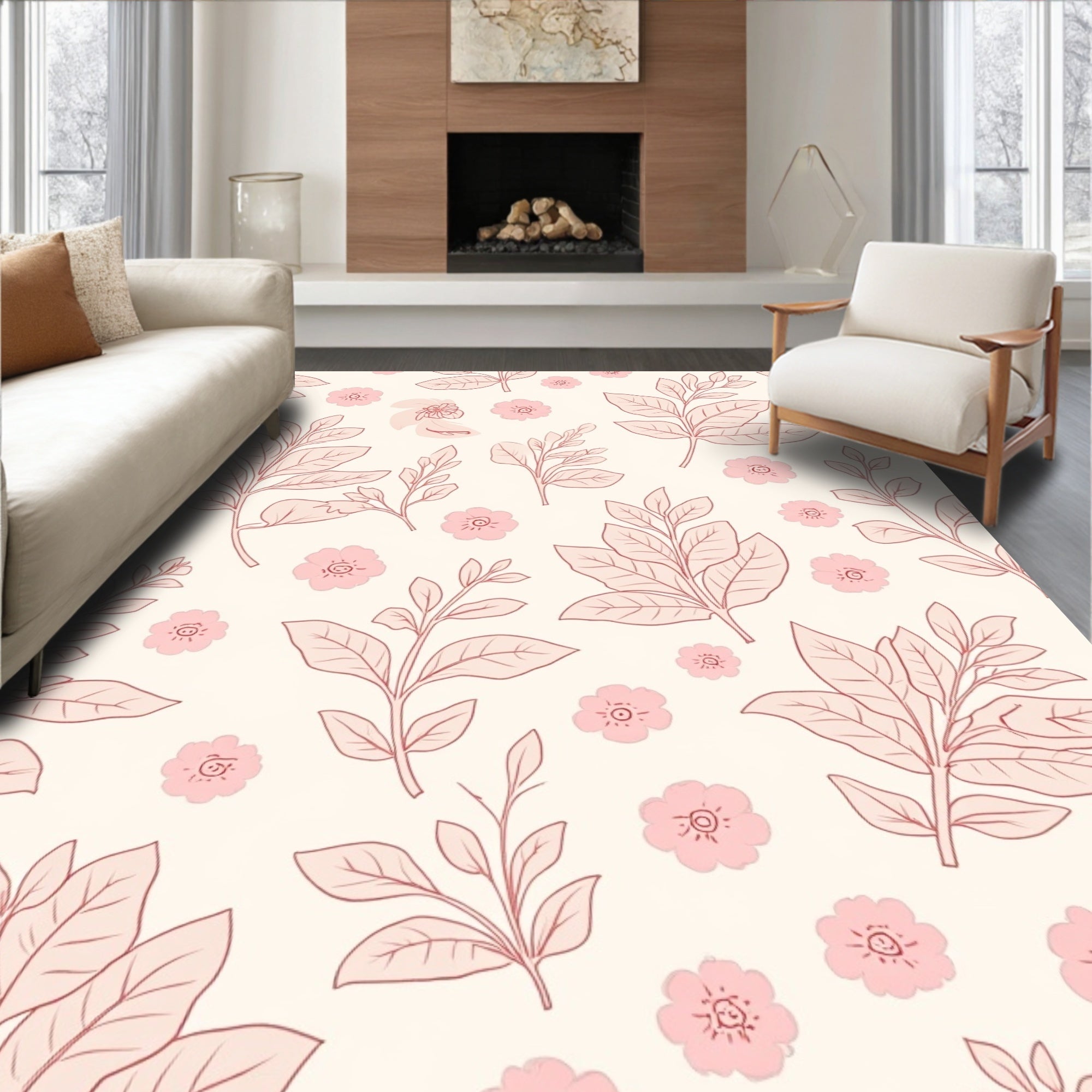 Charming Pink Blossom And Leaf Pattern Rug