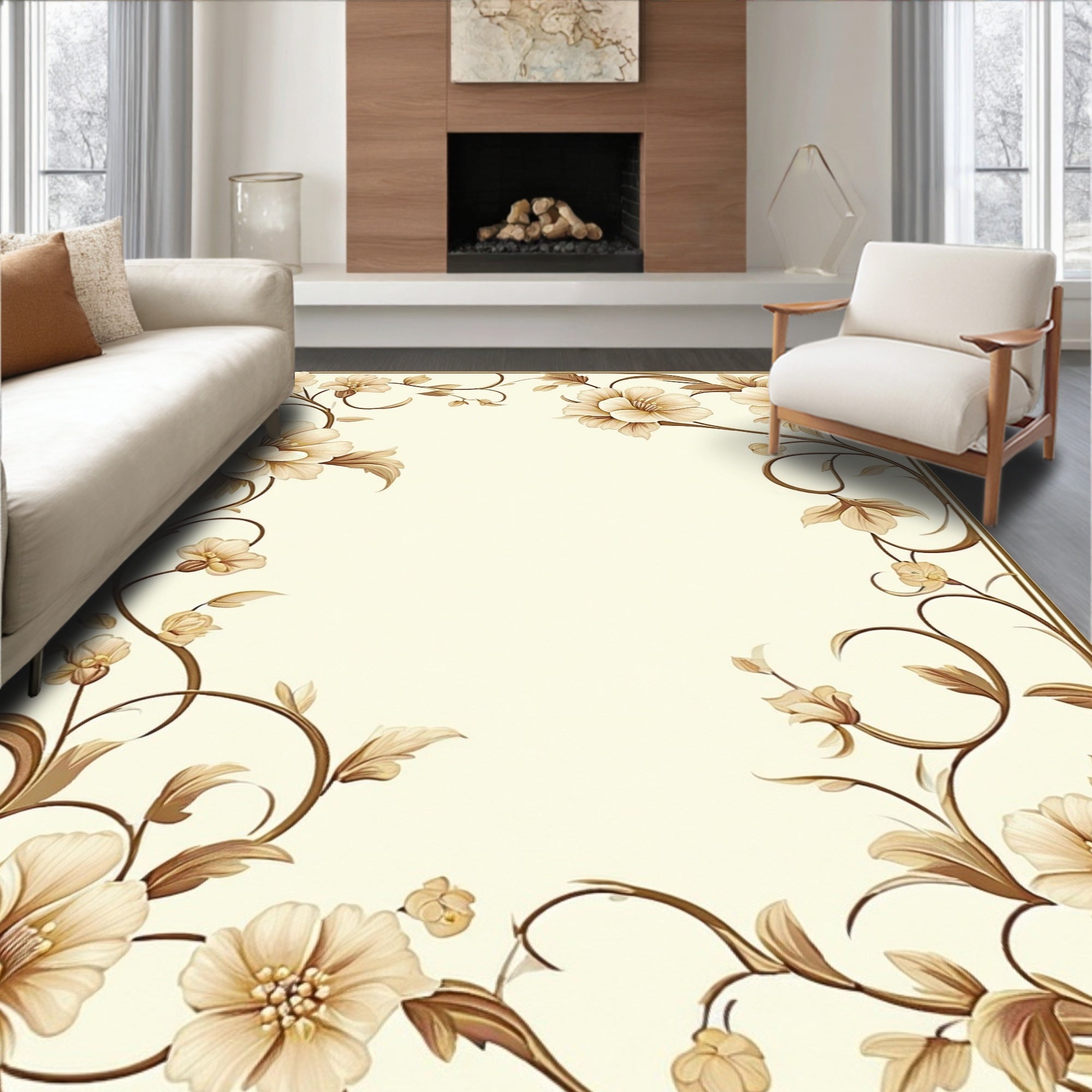 Ornate Floral Vine Cream Rug