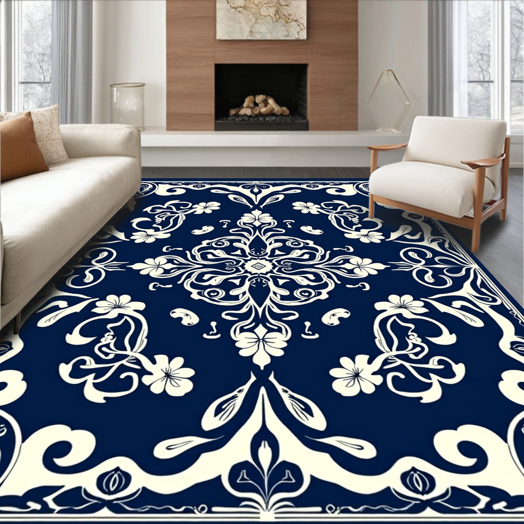 Ornate Floral Symmetry Navy Cream Rug