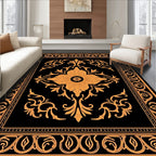 Golden Floral Medallion Black Rug