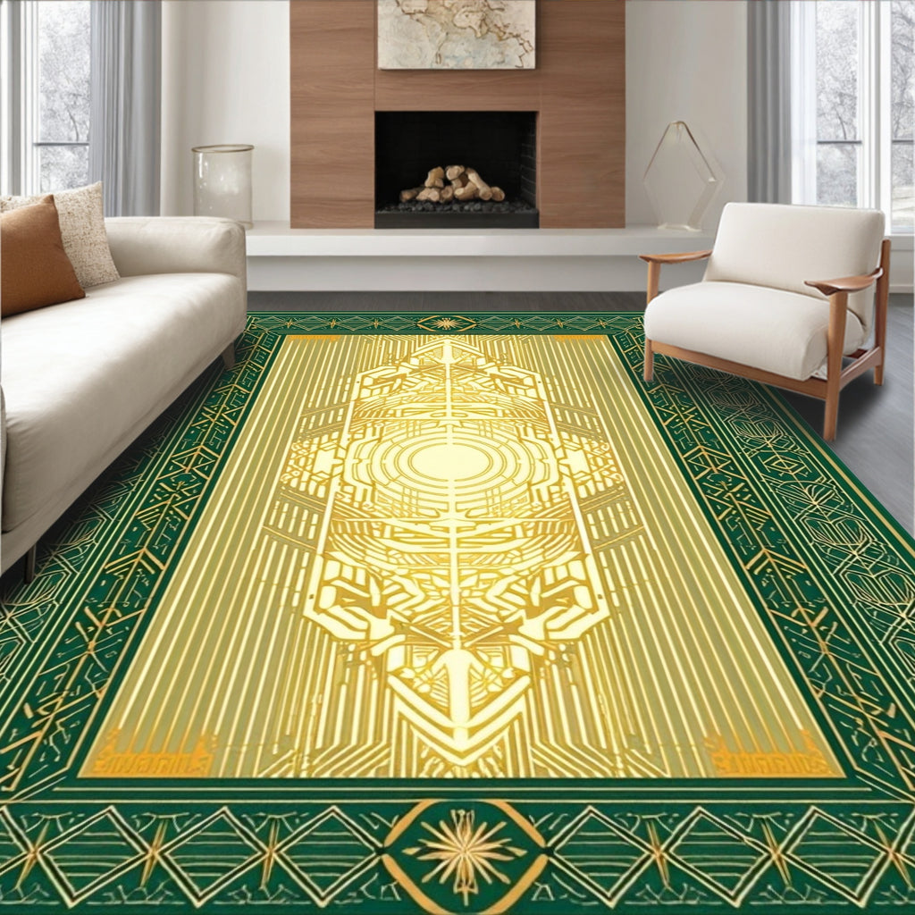 Art Deco Green Gold Geometric Tapestry Rug