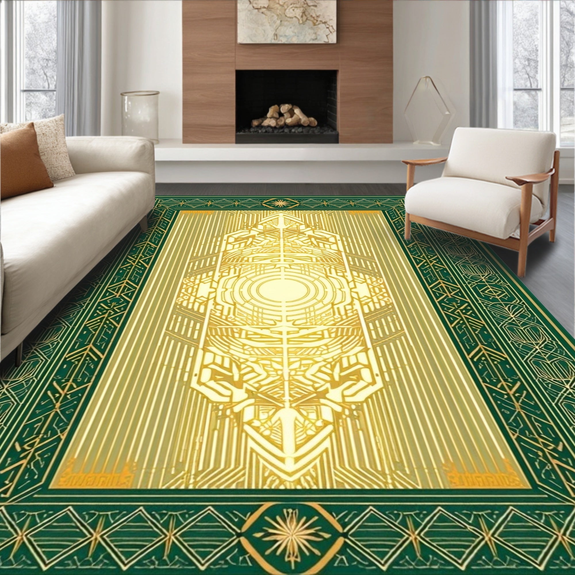 Art Deco Green Gold Geometric Tapestry Rug