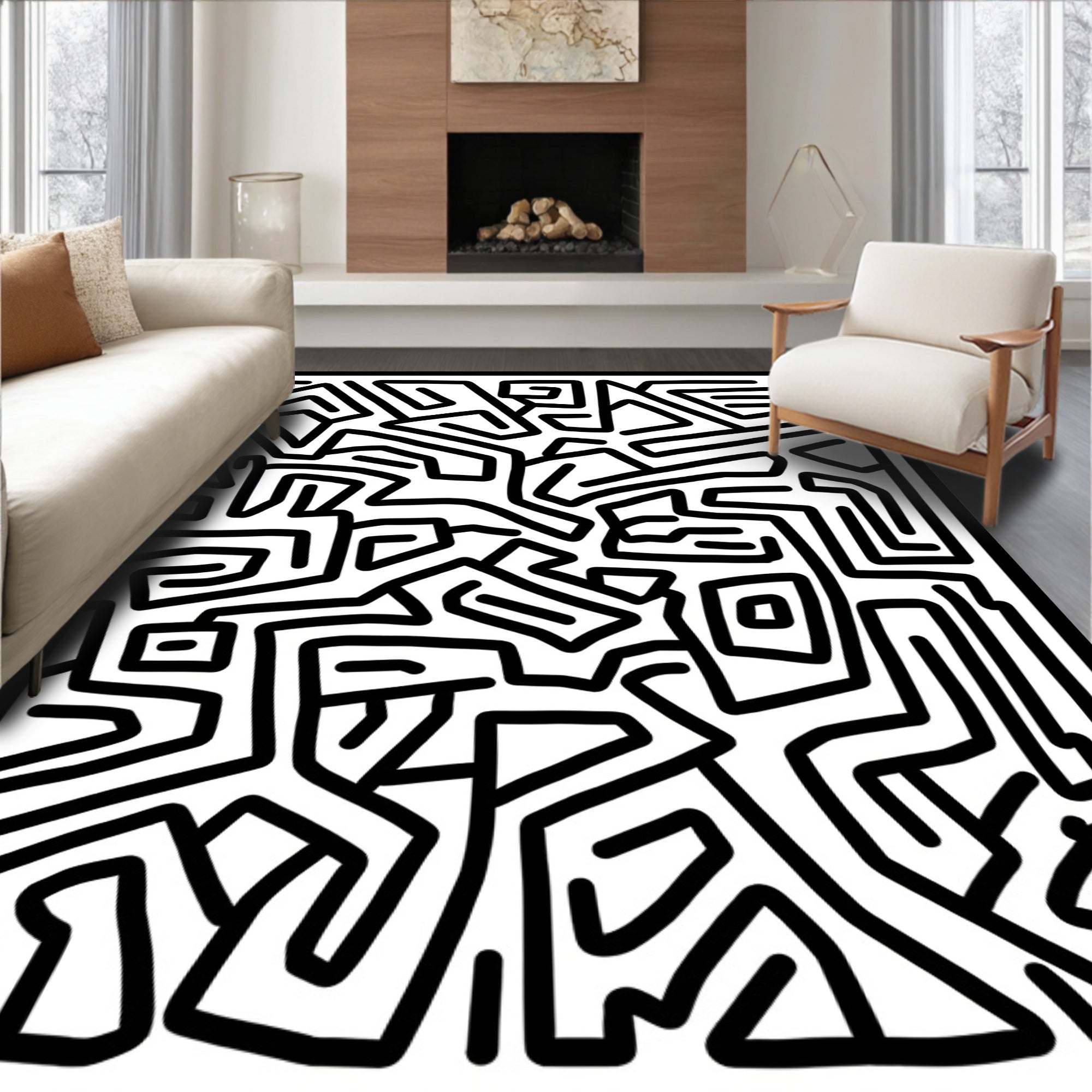 Abstract Black White Labyrinth Pattern Rug