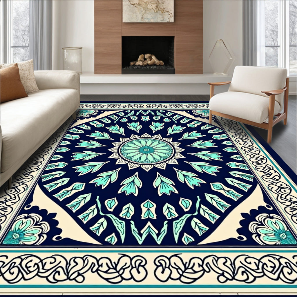 Navy Teal Floral Medallion Border Rug
