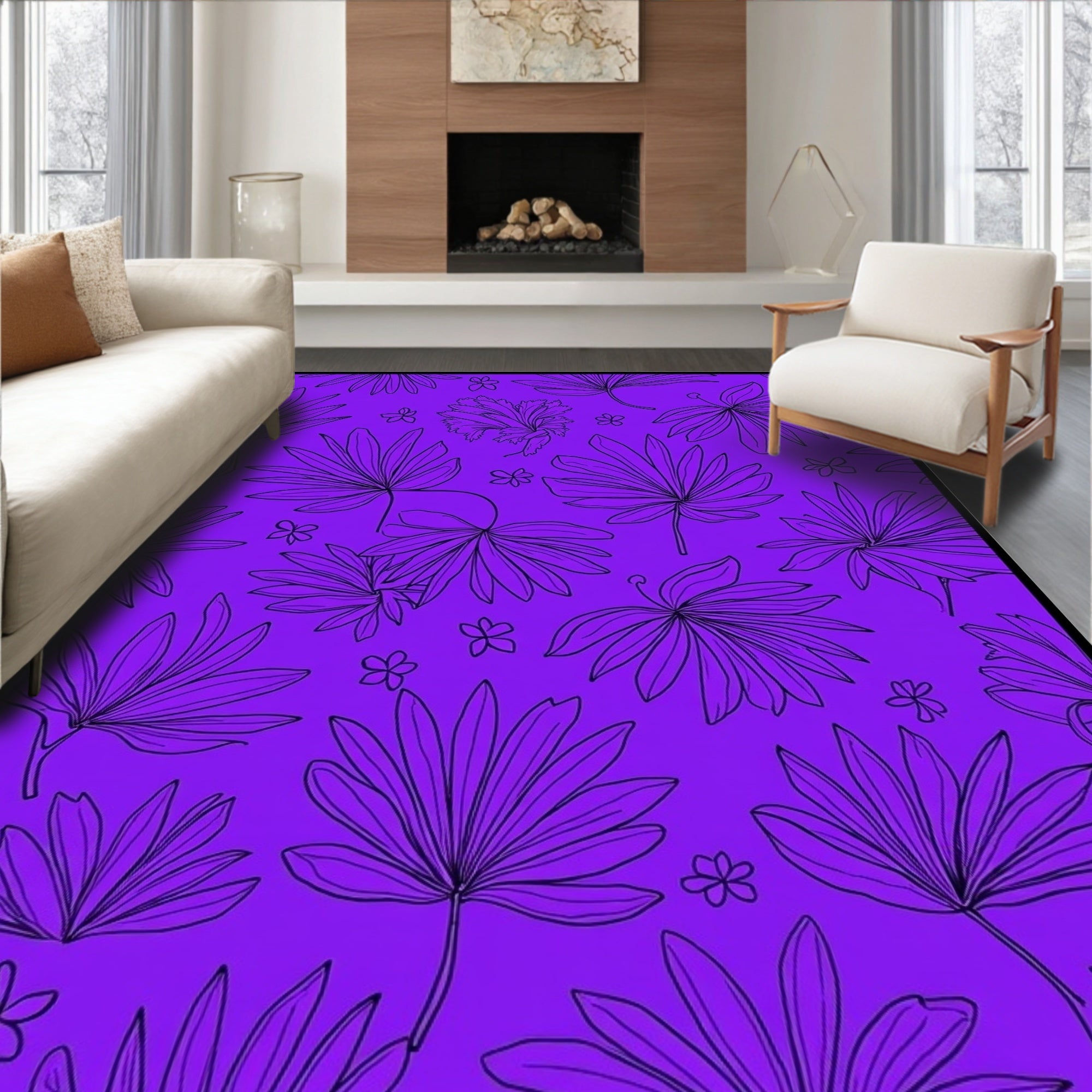 Vibrant Purple Leafy Tropical Pattern Rug