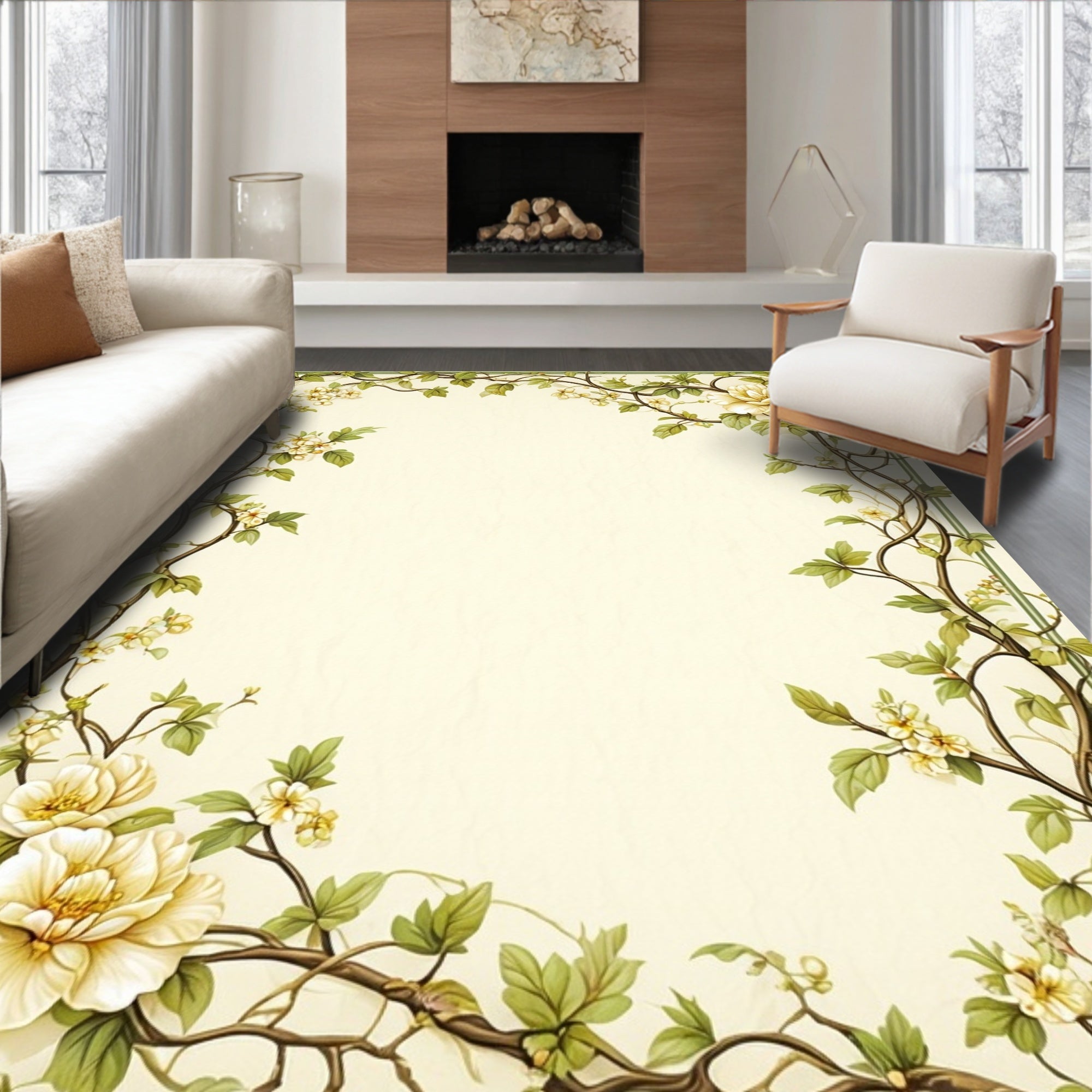 Elegant Floral Vine Cream Rug