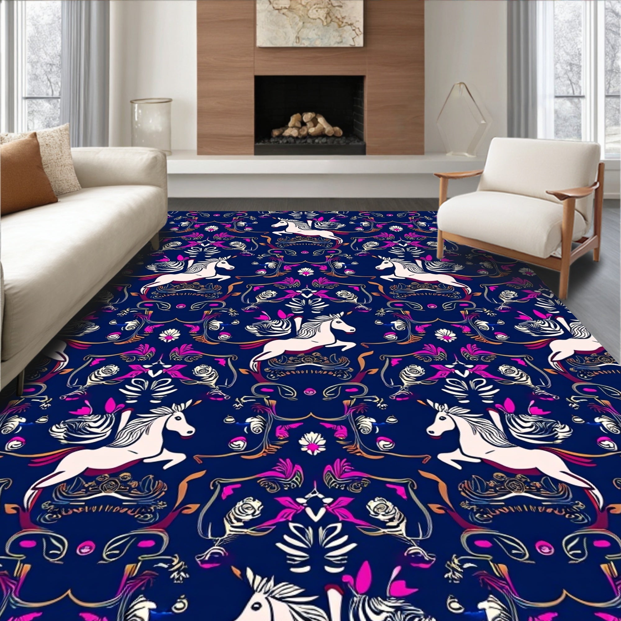 Whimsical Unicorn Floral Pattern Design Rug
