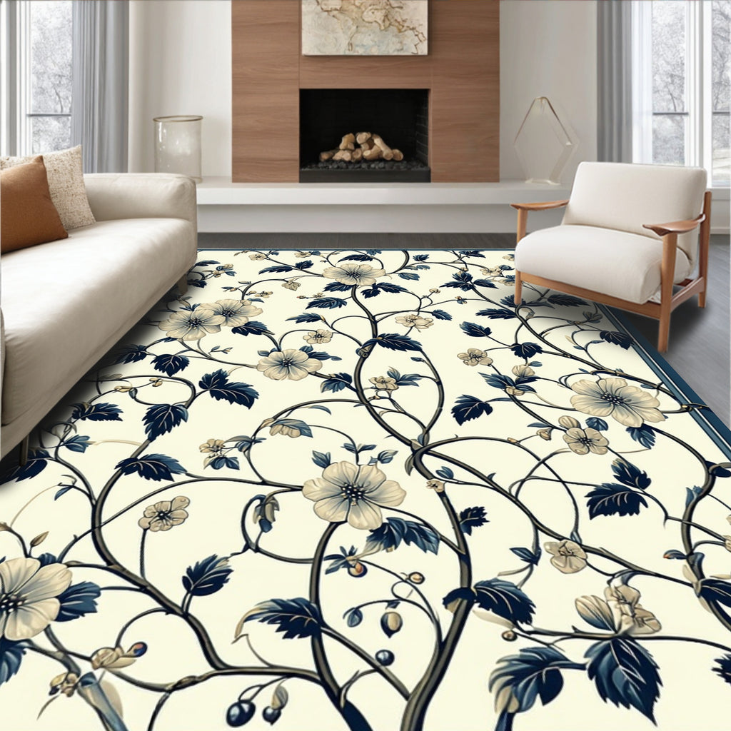 Cream Navy Floral Vine Pattern Rug