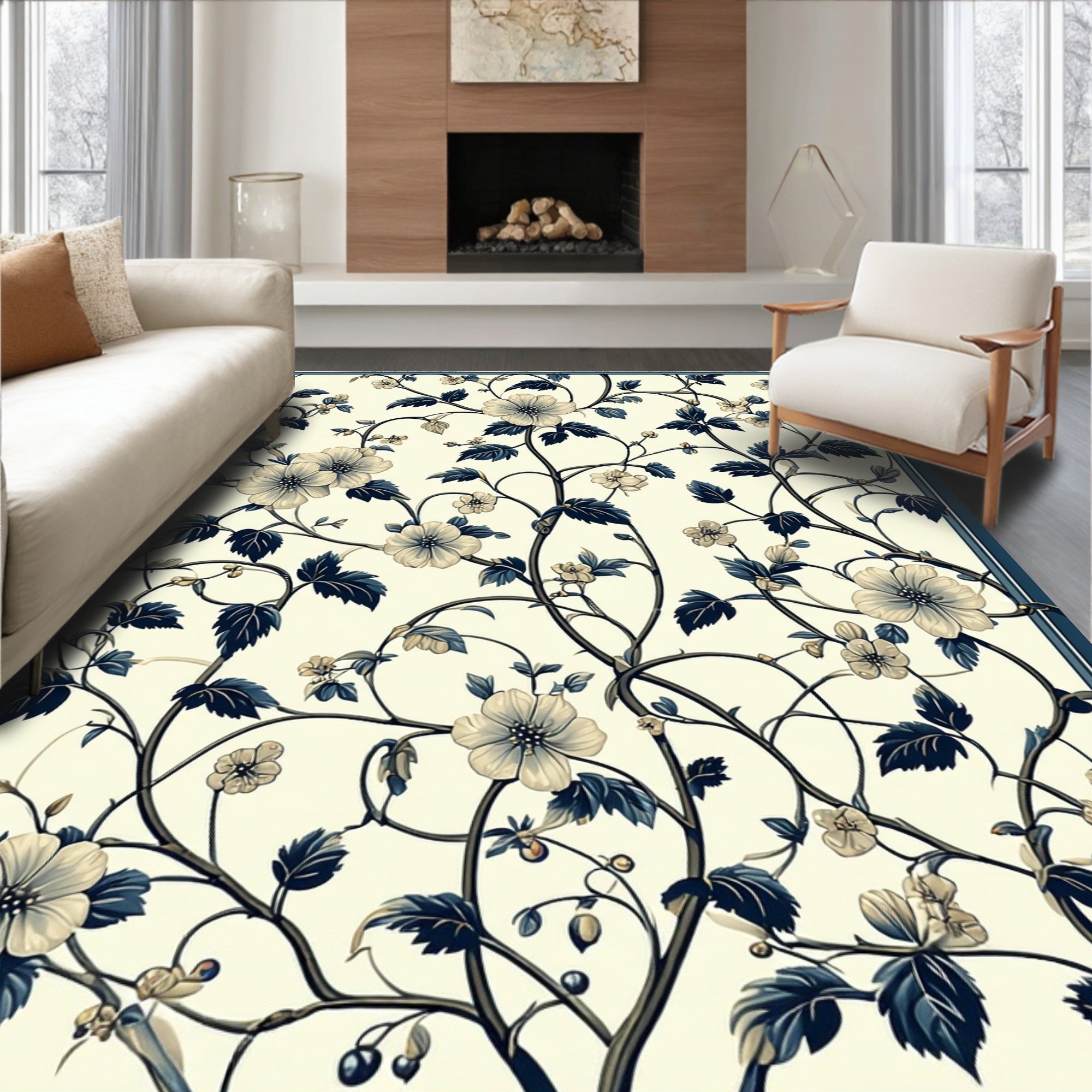 Cream Navy Floral Vine Pattern Rug