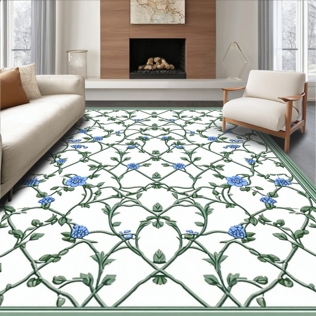 Blue Floral Vine Lattice Pattern Rug