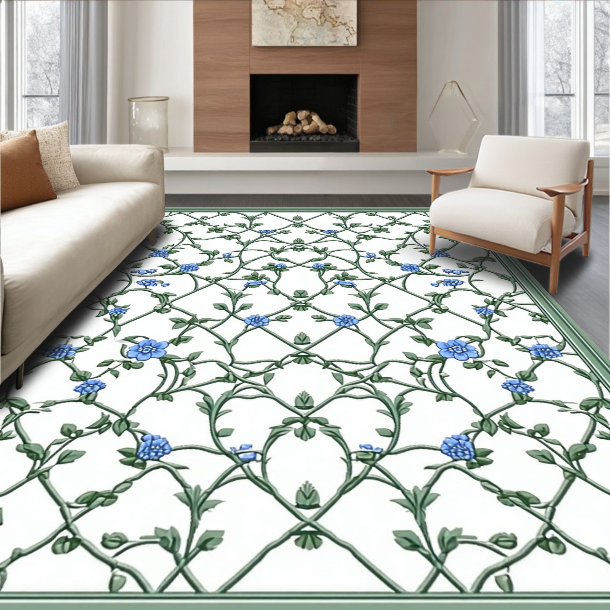 Blue Floral Vine Lattice Pattern Rug