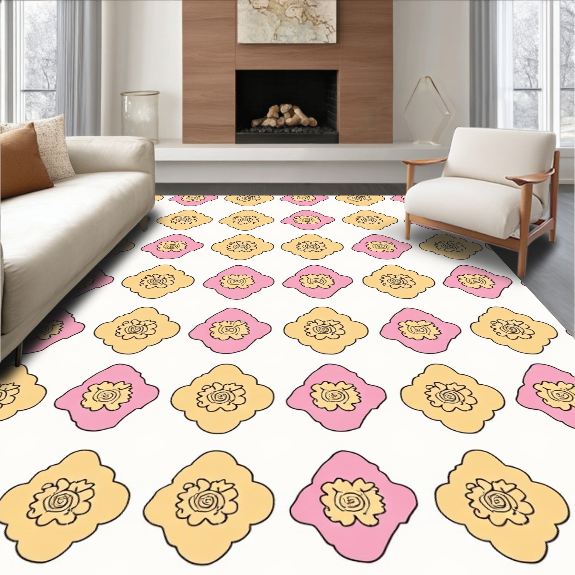 Pink Yellow Floral Diamond Pattern Rug