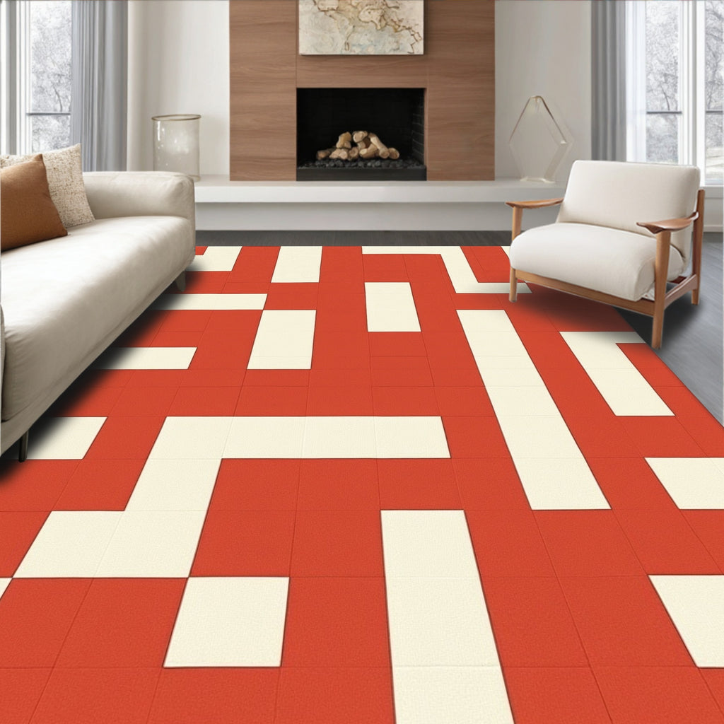 Geometric Red Grid Pattern Rug