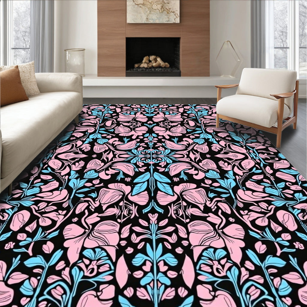 Pink and Blue Floral Symmetry Pattern Rug