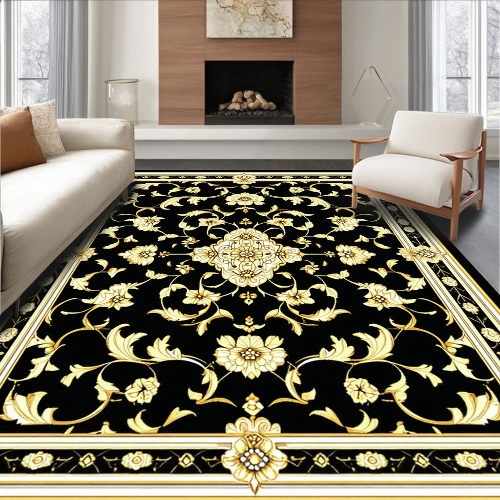 Black Gold Floral Medallion Rug