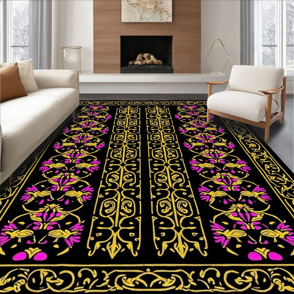 Ornamental Black Gold Pink Floral Pattern Rug