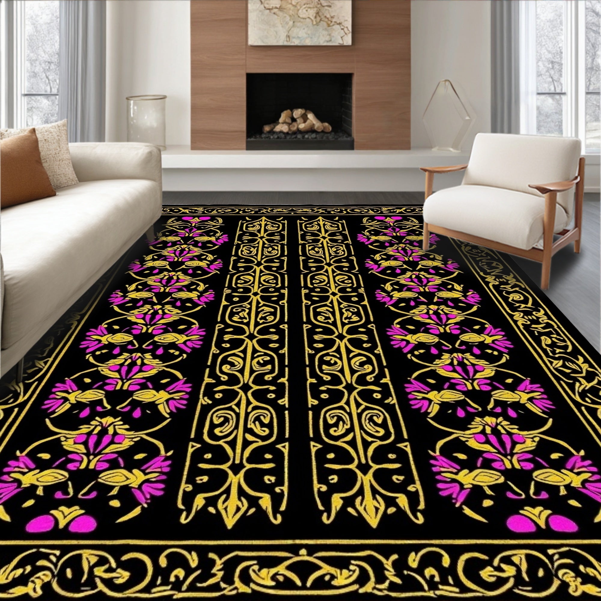 Ornamental Black Gold Pink Floral Pattern Rug