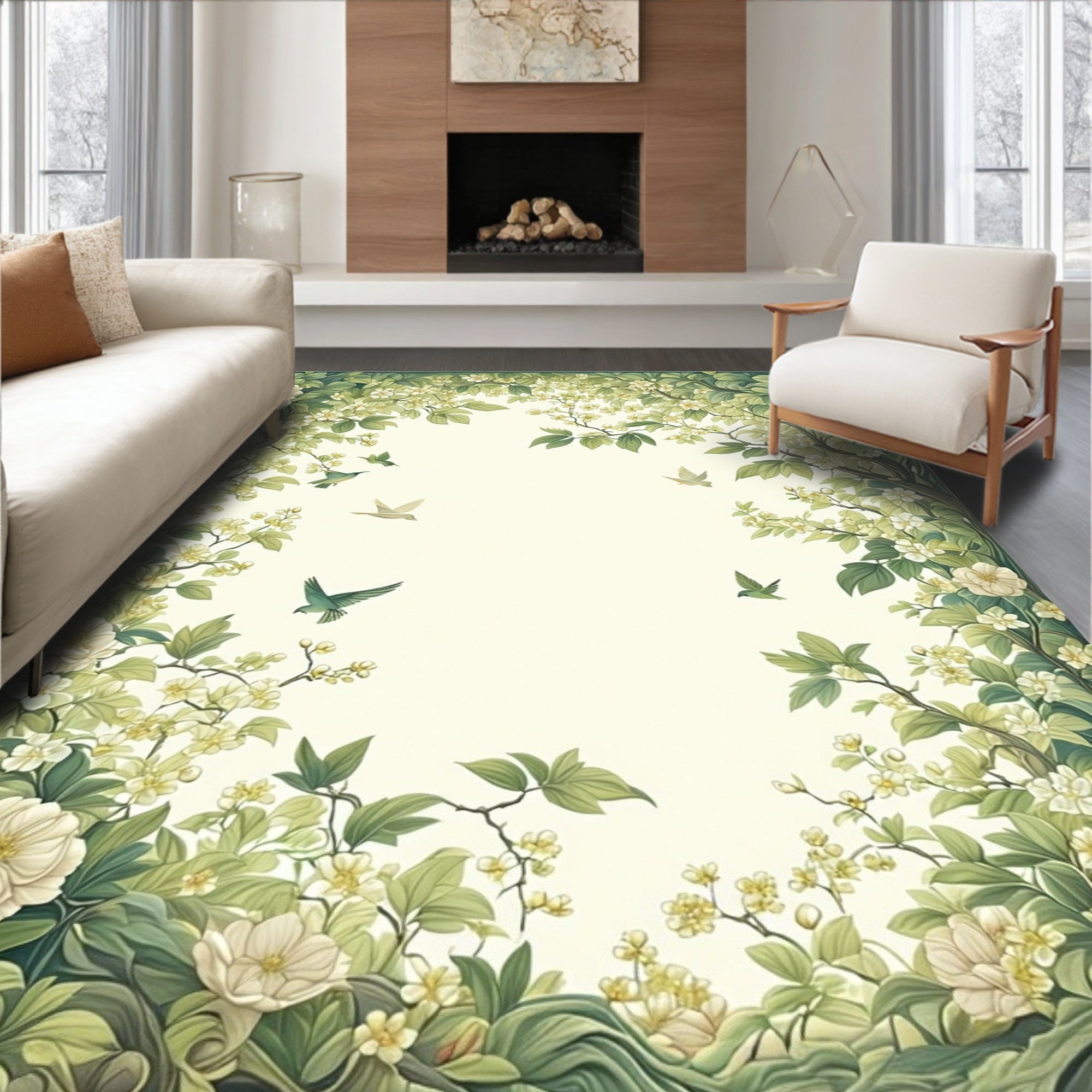 Nature Inspired Floral Bird Pattern Rug