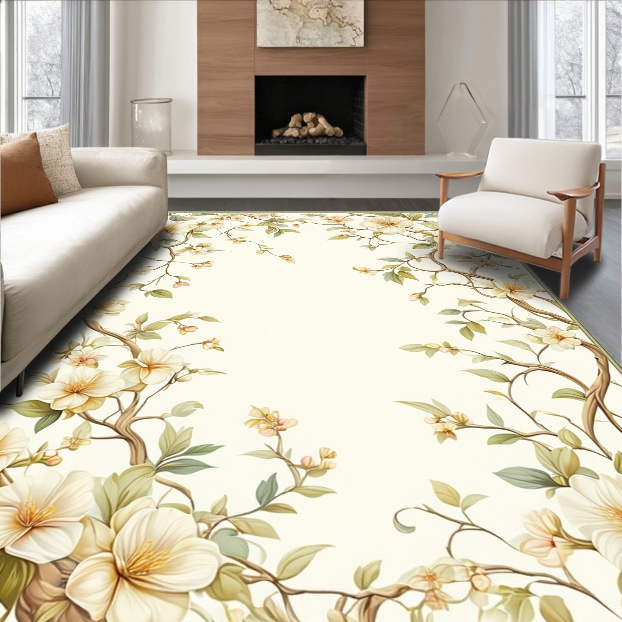 Delicate Floral Vine Border Design Rug
