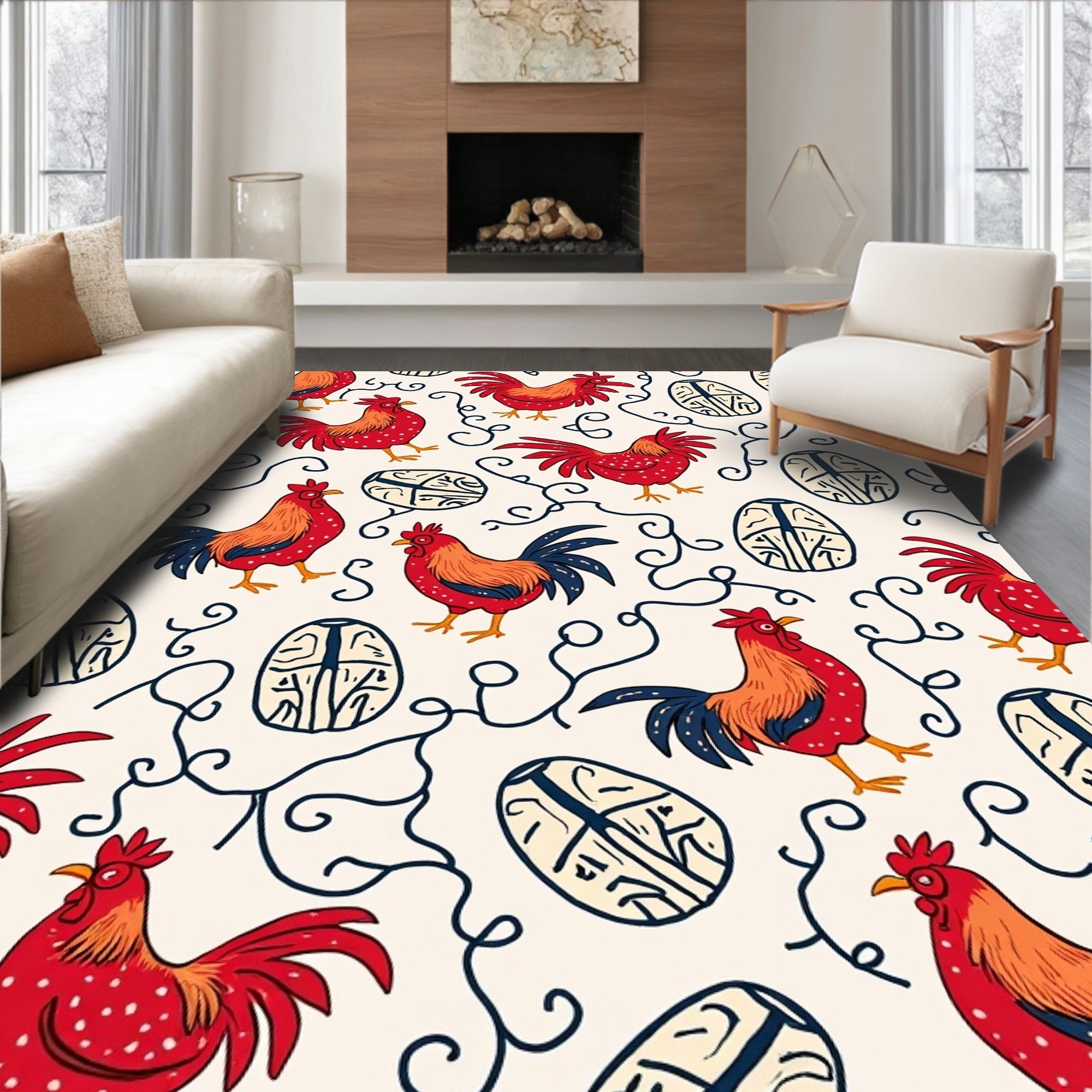 Rooster and Egg Whimsical Pattern Rug