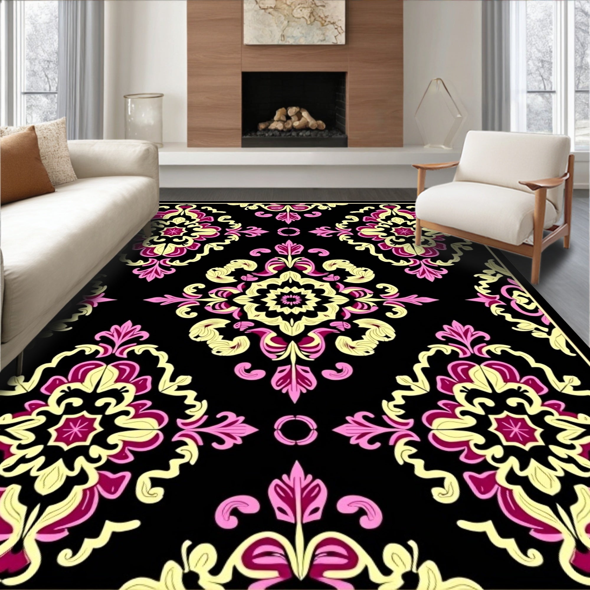 Floral Damask Pattern with Pink Yellow Rug