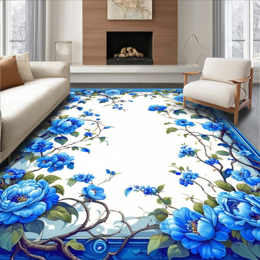 Vibrant Blue Floral Vine Pattern Rug