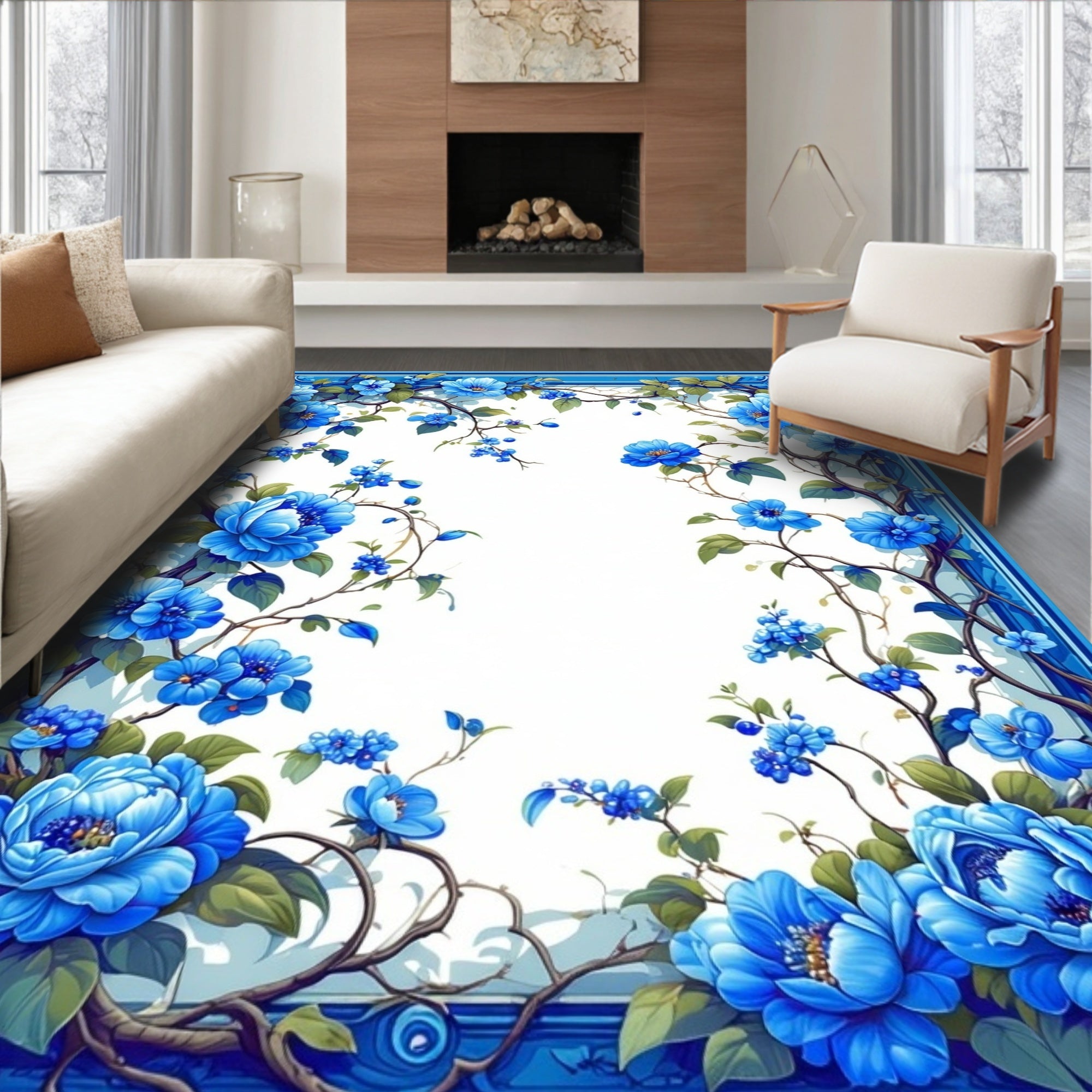 Vibrant Blue Floral Vine Pattern Rug