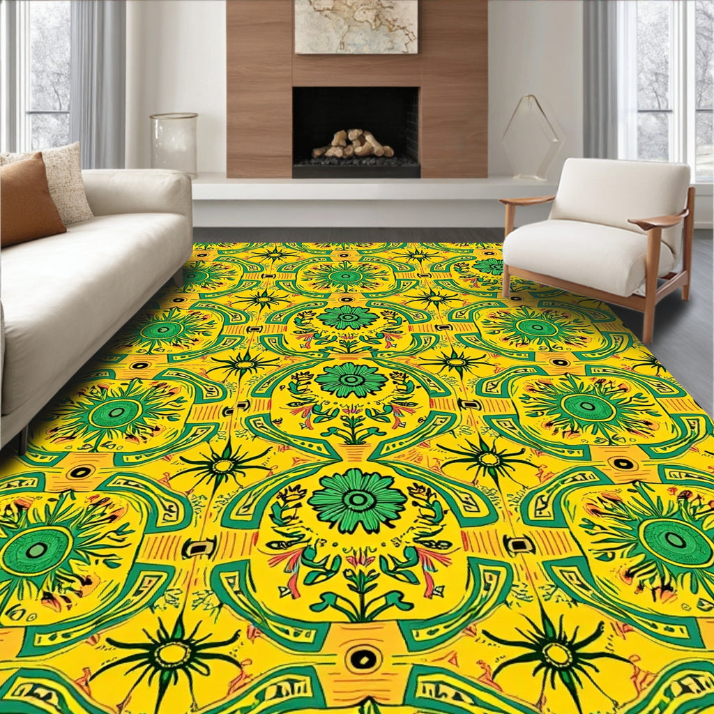 Bright Yellow Green Floral Medallion Design Rug