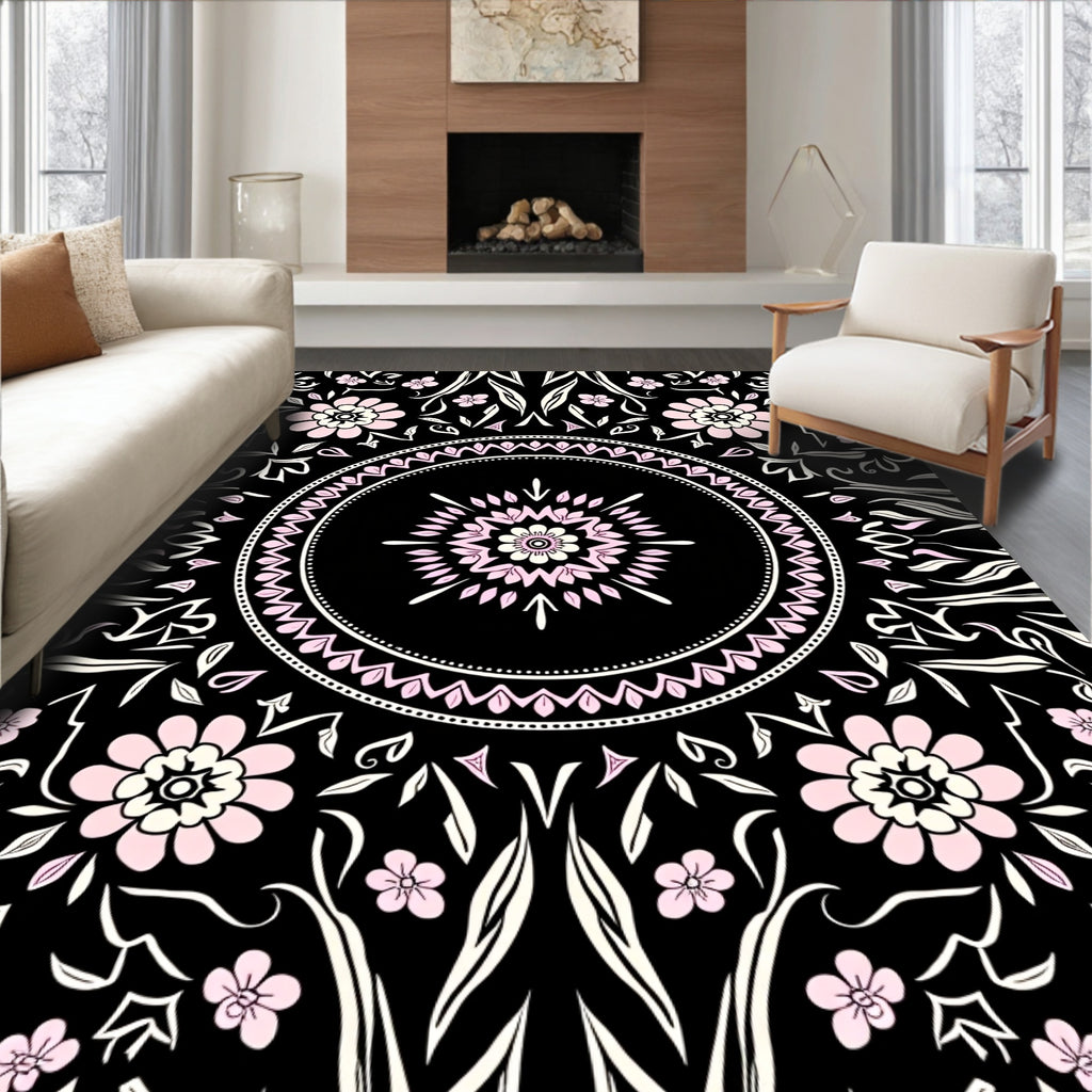 Black Pink Floral Mandala Design Rug