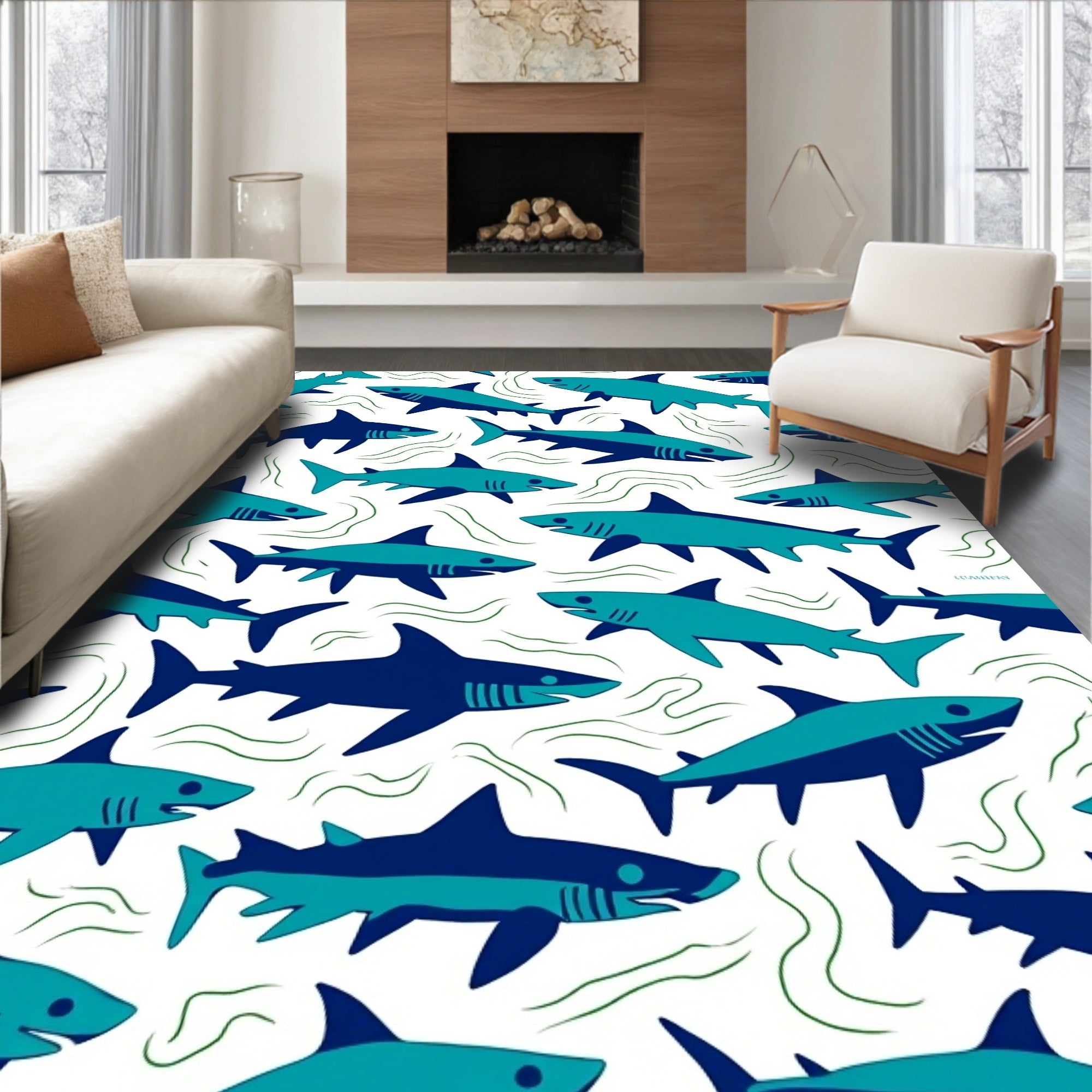 Marine Blue Teal Shark Pattern Rug