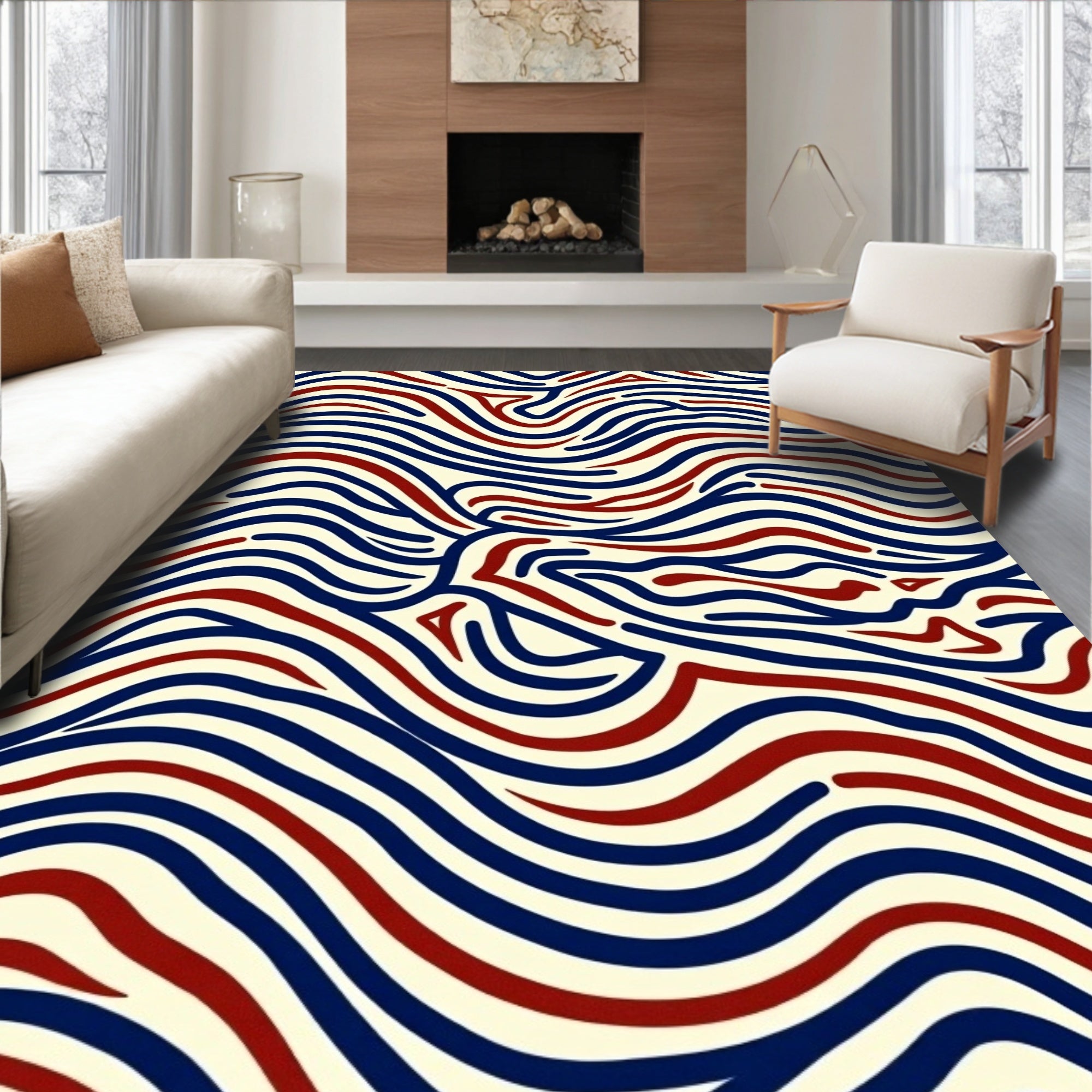 Wavy Stripes Red Blue Pattern Rug