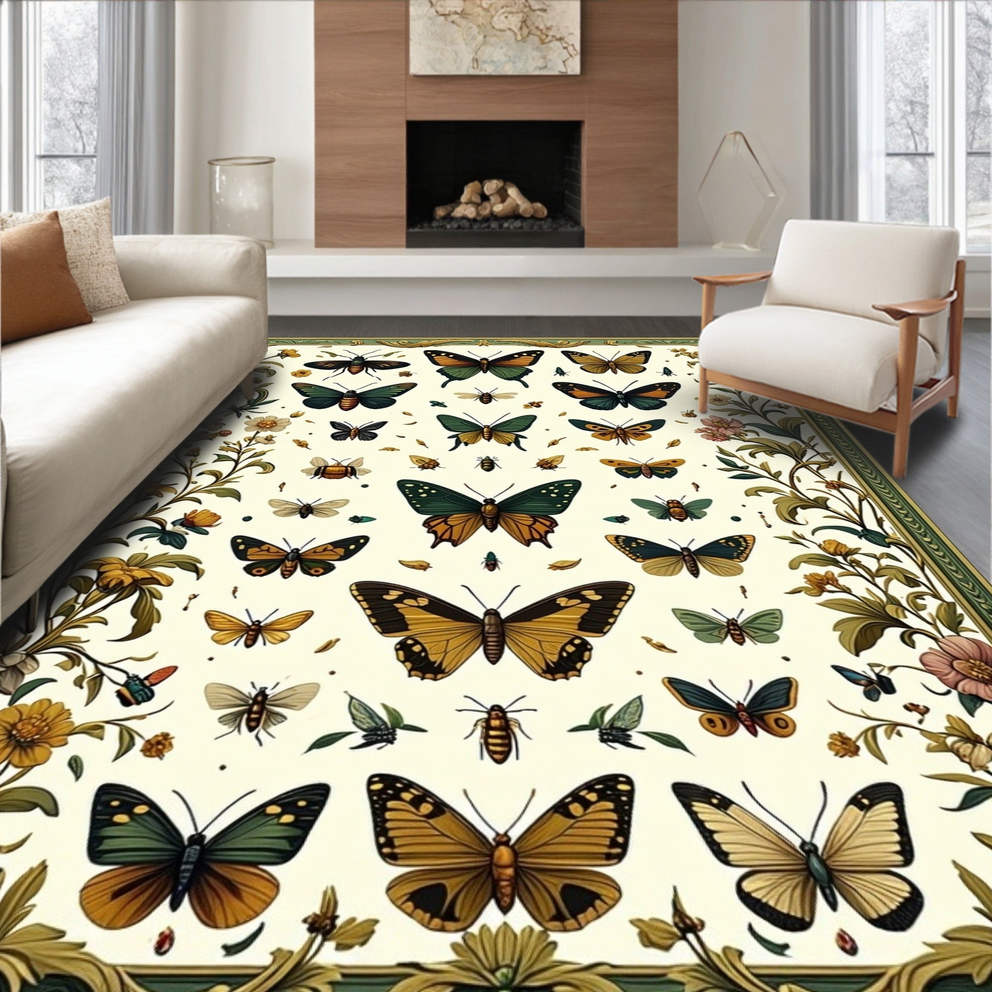 Nature Butterflies And Flowers Pattern Rug
