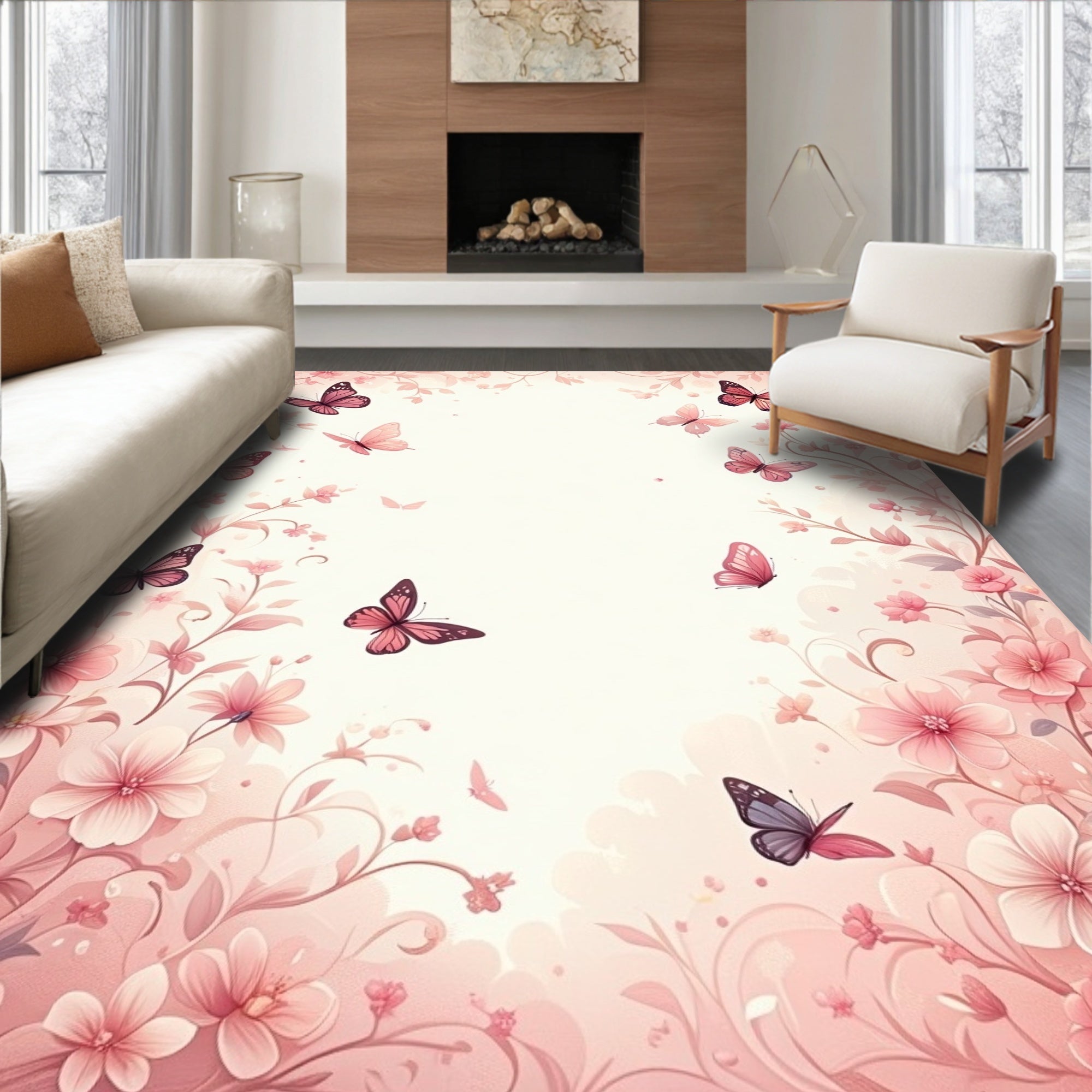 Pink Butterfly Floral Garden Art Rug