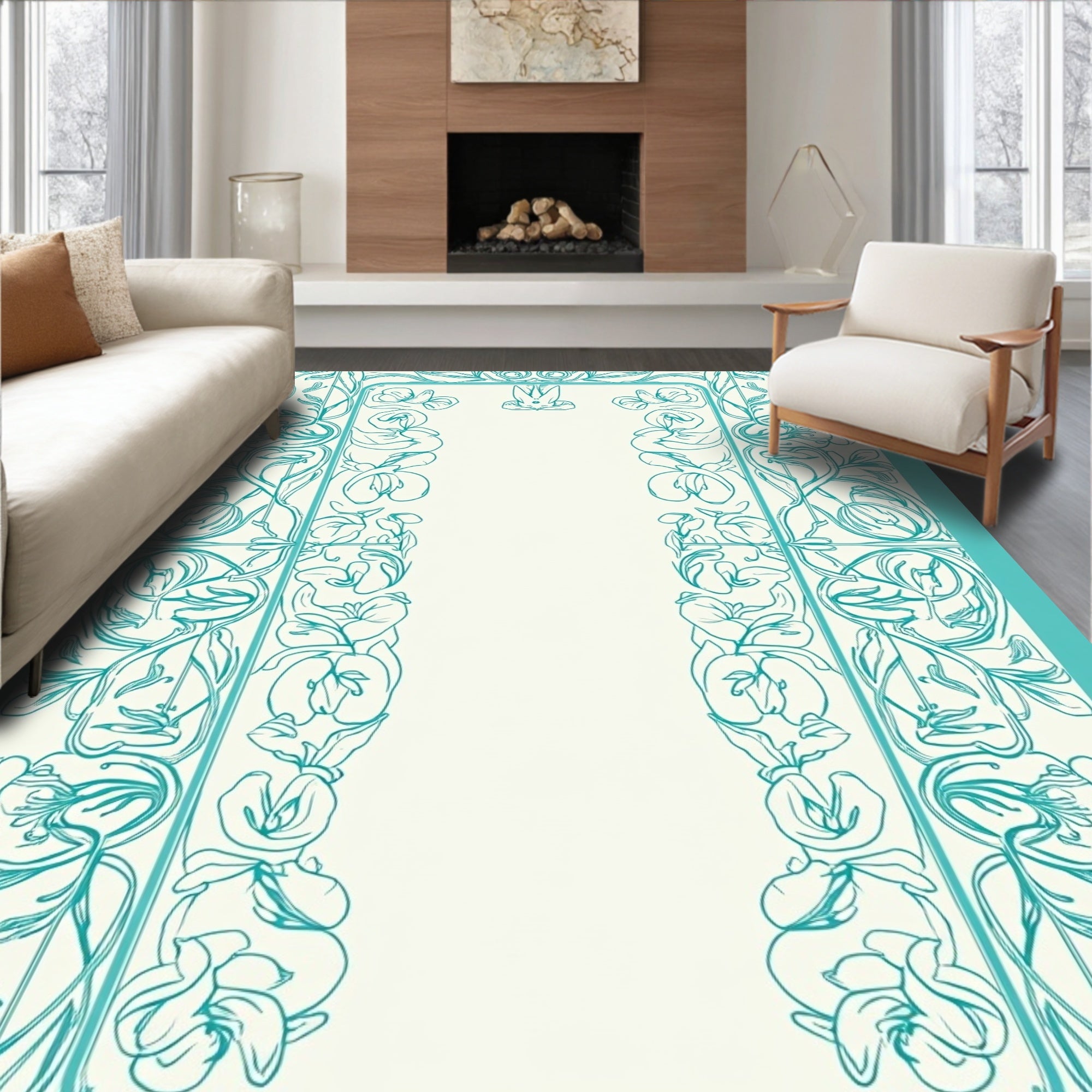 Whimsical Floral Vine Border Design Rug