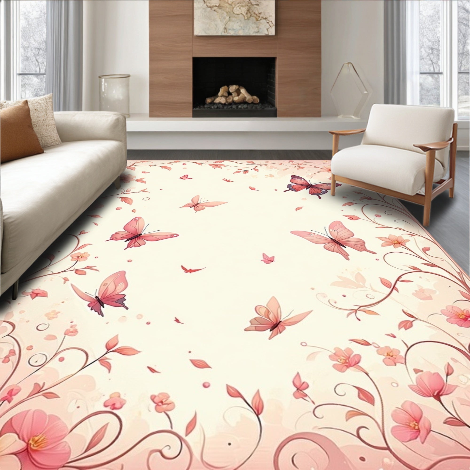 Pink Floral Butterflies Garden Rug