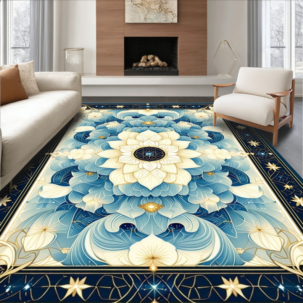 Floral Mandala Inspired Blue and Gold Design Rug